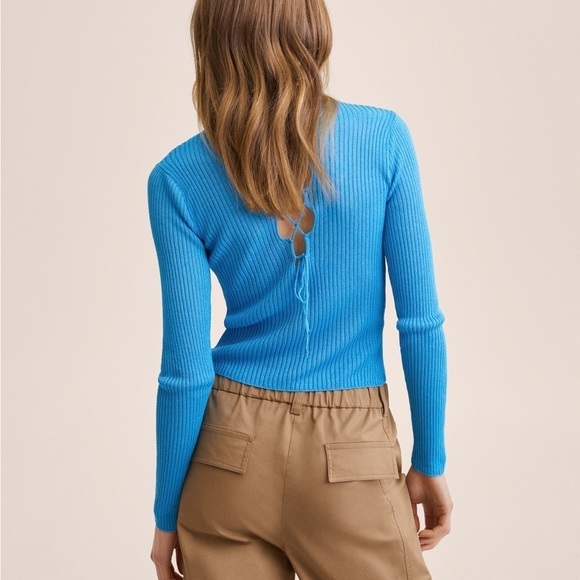 Mango Lace Up Back Cut Out Fine Ribbed Knit Sky Blue Sweater Size Small NWT - Picture 3 of 16
